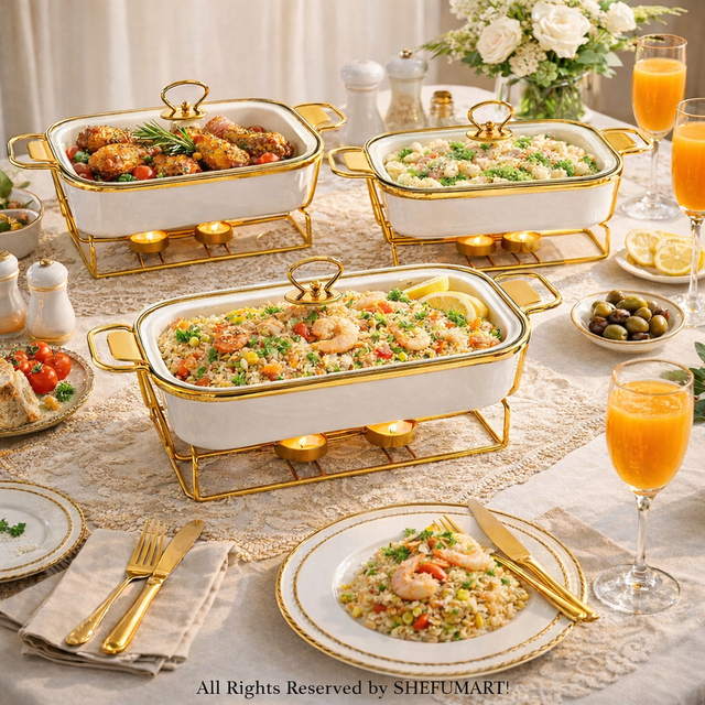 Shefu Luxury Ceramic Buffet Pot Serving Casserole Set With Lid and Gold ...