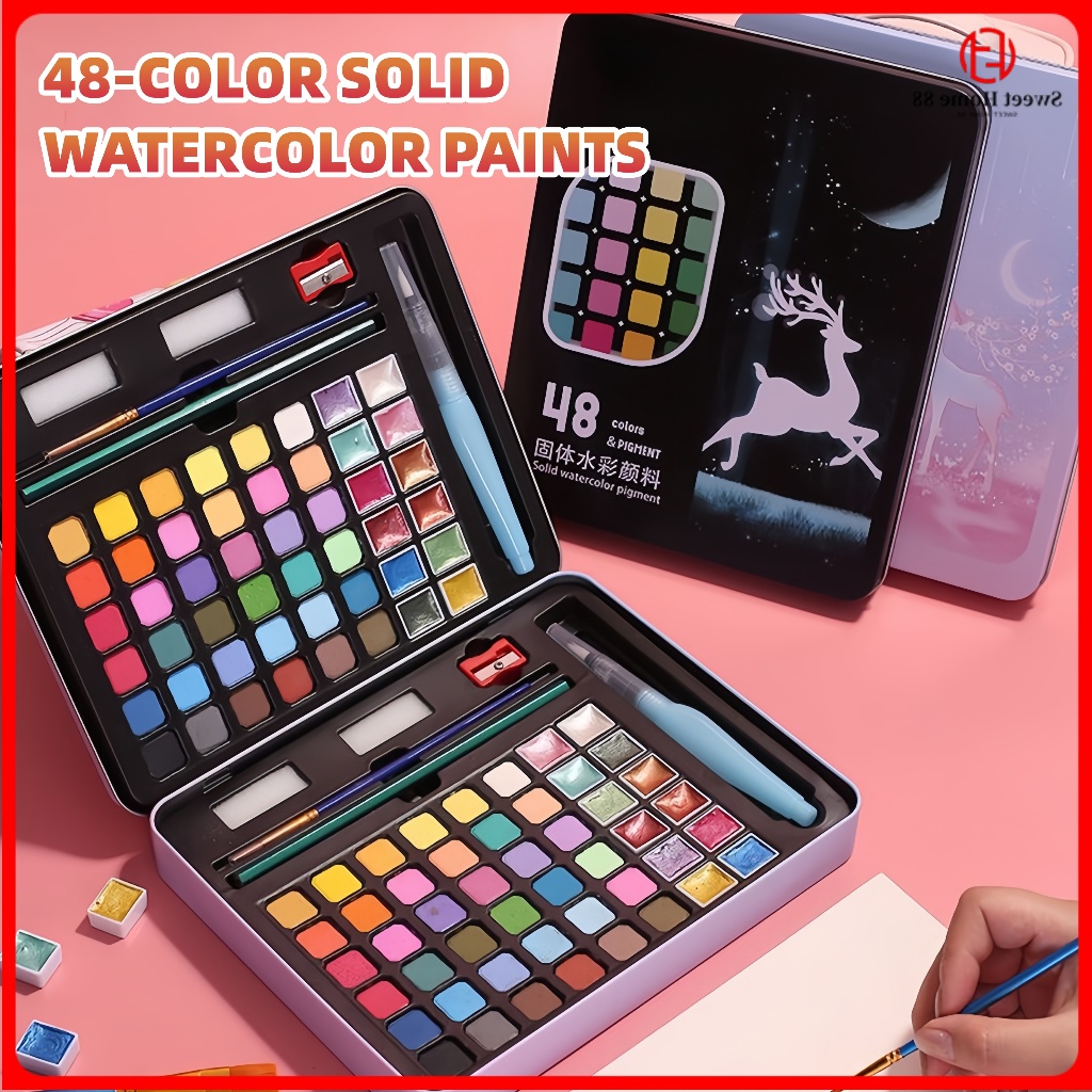 Water Colour 48 Colors Solid Water Color Paint Set With Metal Iron Box ...