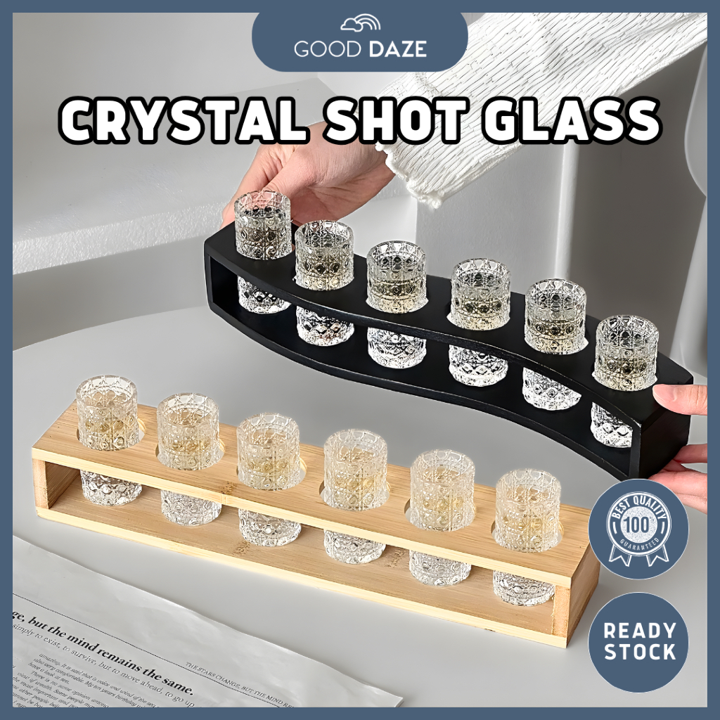 GOOD DAZE Crystal Shot Glass ACRYLIC WOODEN SHOT TRAY Set Spirit ...