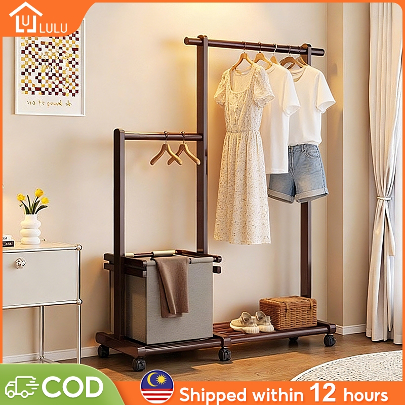 LULU Clothes Rack Rack Rak Baju With Storage Bamboo Clothes Hanging ...
