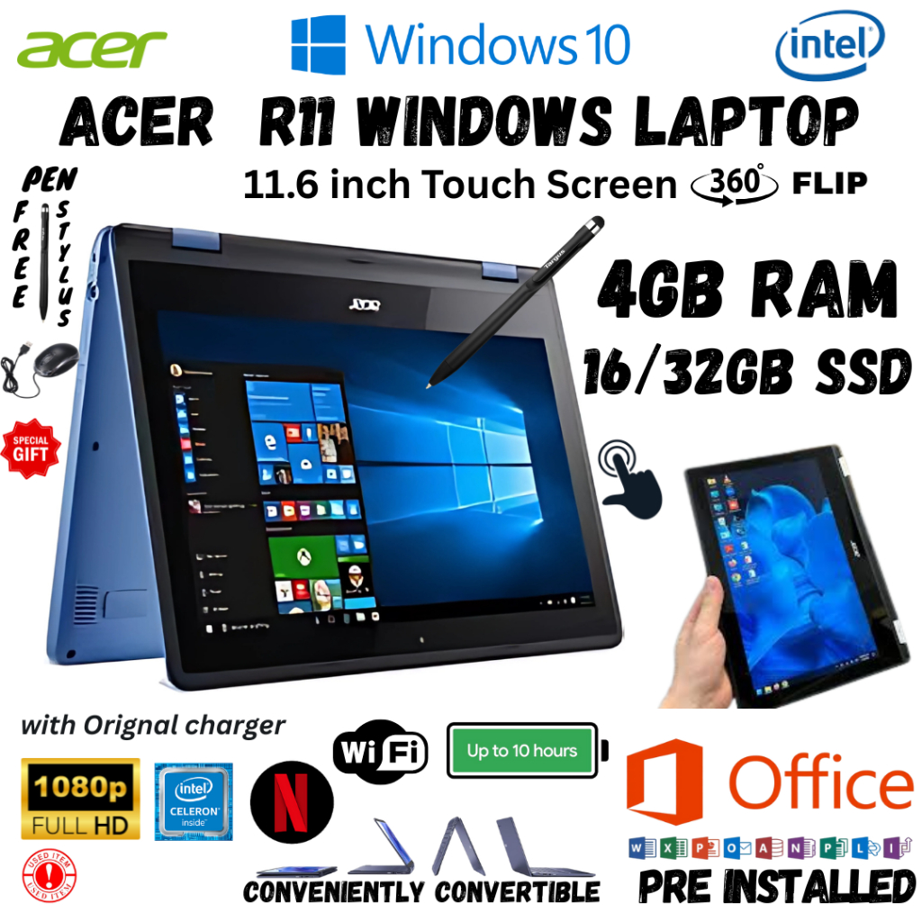 Acer R11 Touch Screen flip Design Windows Laptop 4GB RAM, 16/32 GB SSD ...