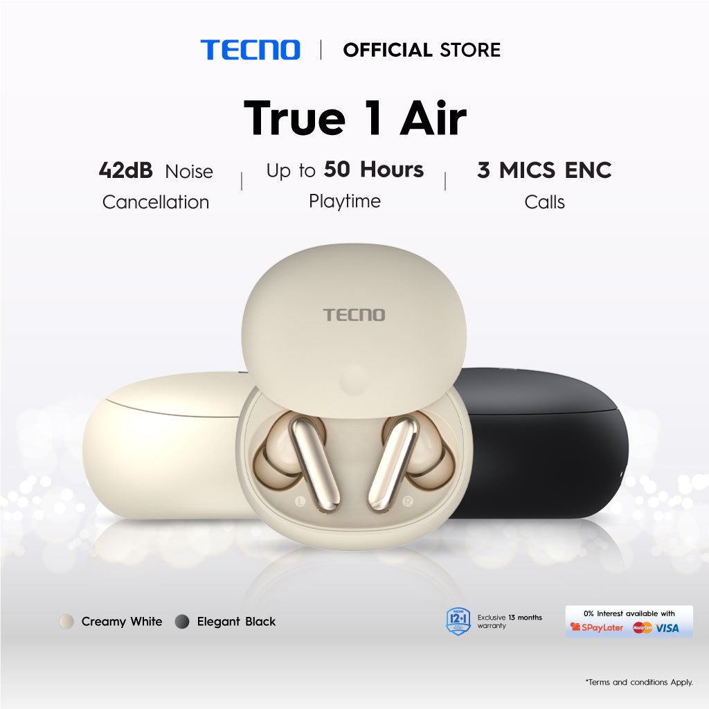 TECNO True 1 Air Wireless Earbuds / 42dB Hybrid ANC / 50H Playtime ...