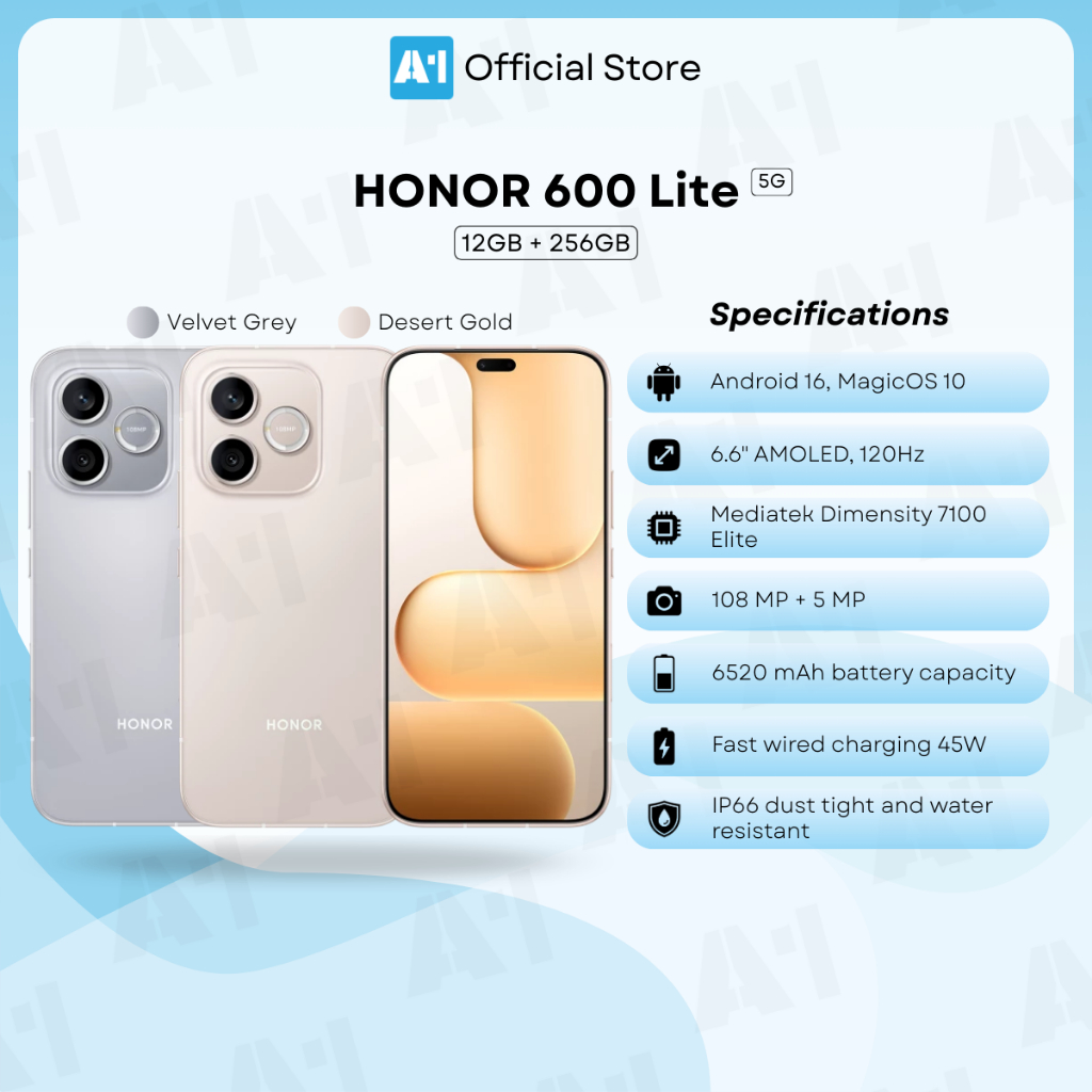 HONOR 600 Lite 5G – Smartphone MediaTek Dimensity 7100 Elite, 6,6” AMOLED, 108MP, Batteria 6520mAh E IP66 (Grigio, 256GB/8GB)