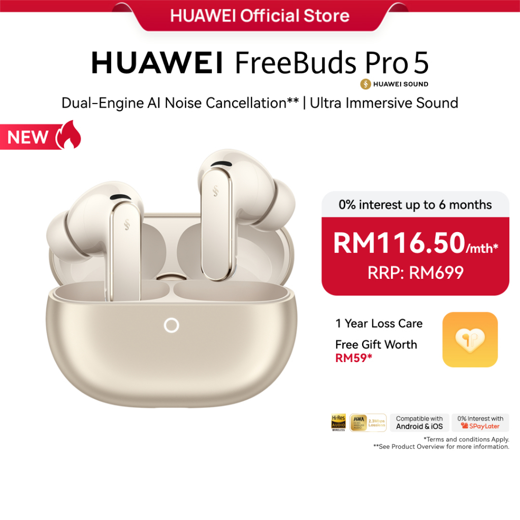 HUAWEI FreeBuds Pro 5 Earbuds | Dual-Engine Al Noise Cancellation I Ultra Immersive Sound