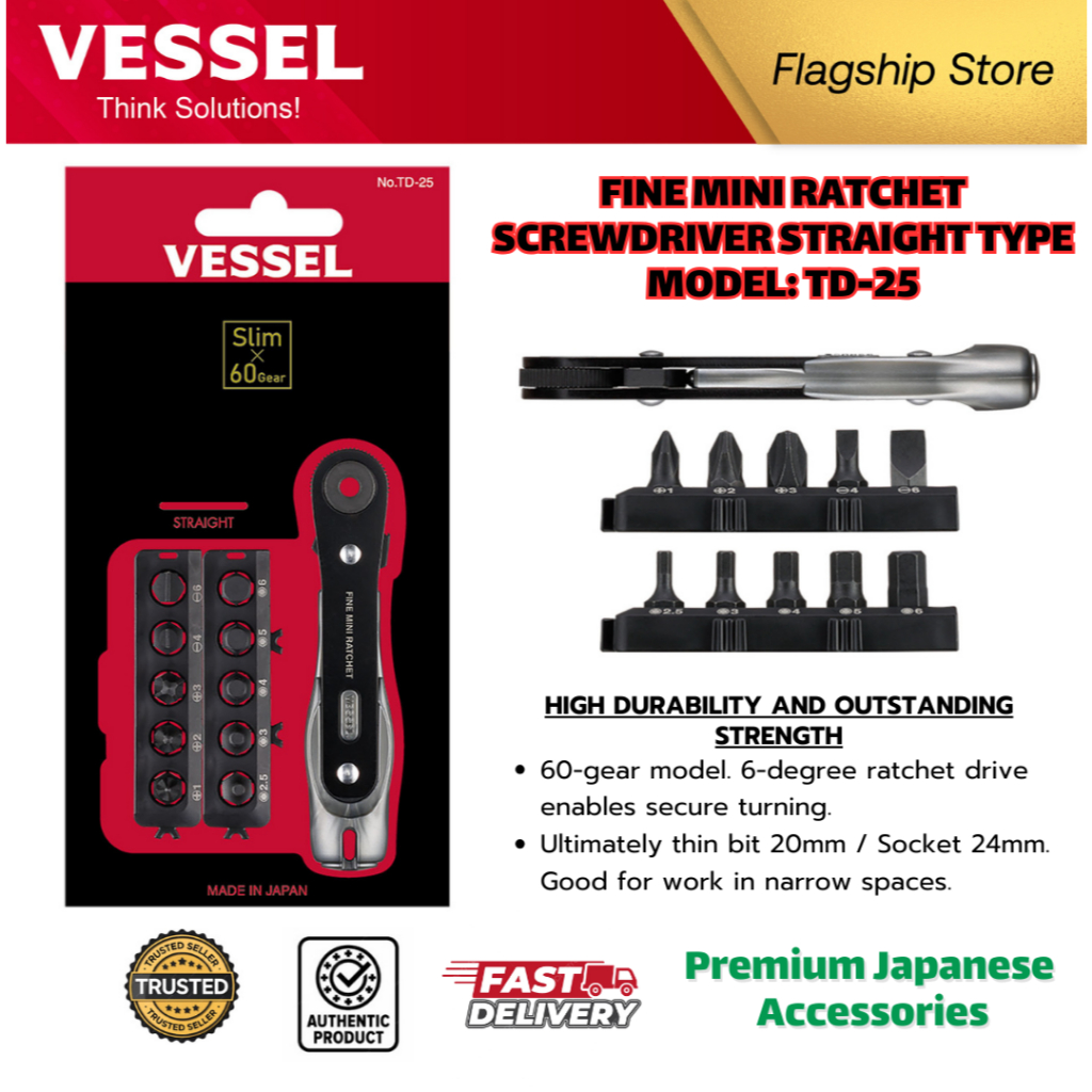 VESSEL Fine Mini Ratchet Screwdriver Straight Type TD-25 | Shopee Malaysia