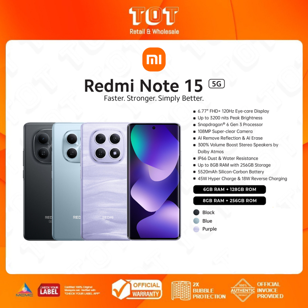 (NEW)XIAOMI Redmi Note 15 5G (6/8GB RAM + 128GB/256GB ROM) 120Hz AMOLED | Snapdragon® 6 Gen 3 | 45W Turbo charging