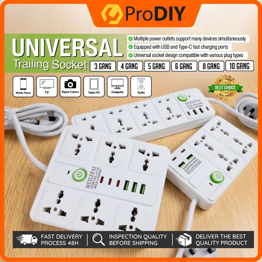 Universal Trailing Socket 2500W With USB Type-c Port Charging 3Pin Plug ...
