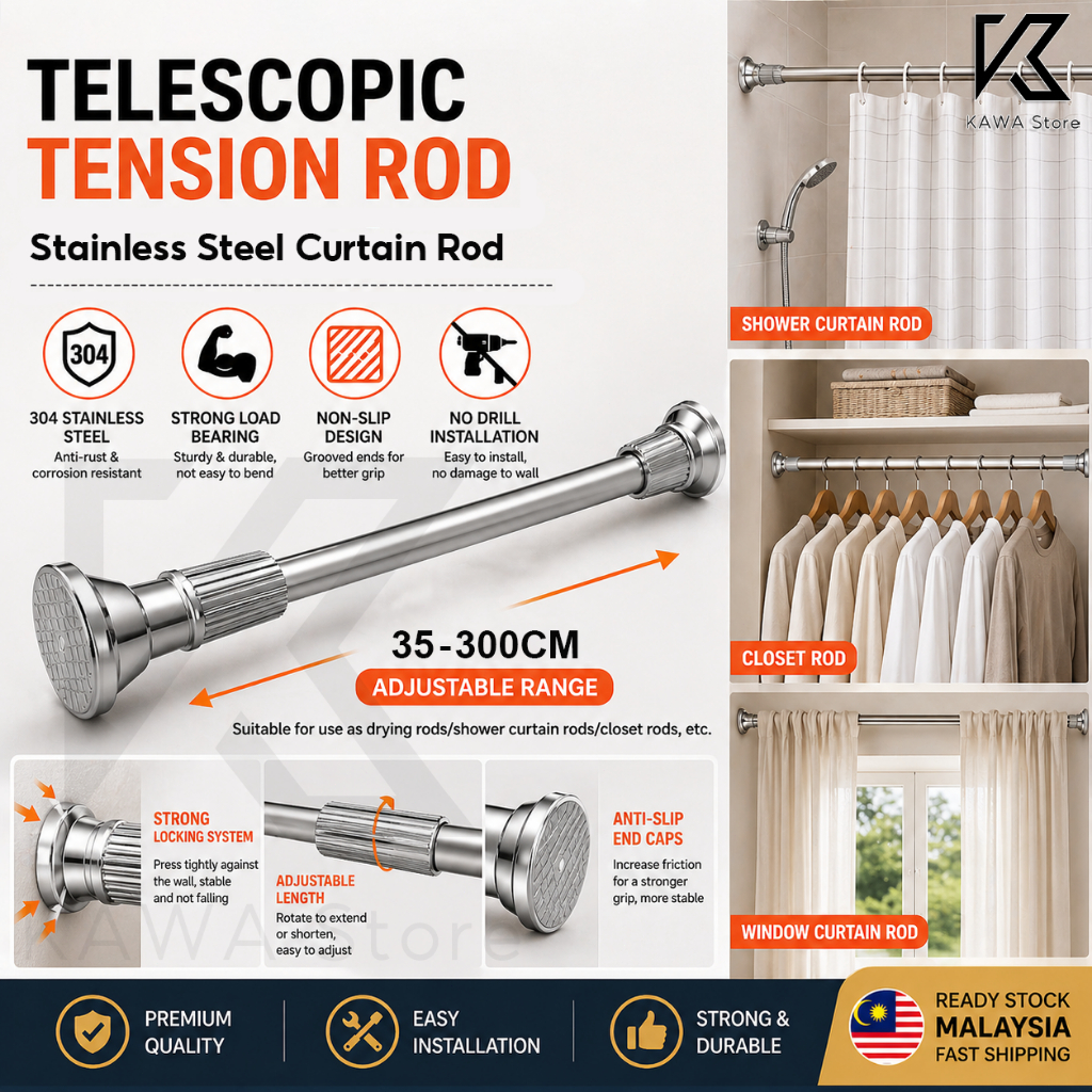 35-300CM Curtain Rod Stainless Steel Telescopic Adjustable Clothesline ...