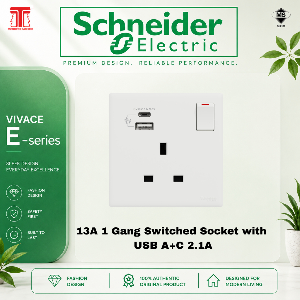 Schneider E-Series 13A Switched Socket With USB A+C 2.1A / Suis ...