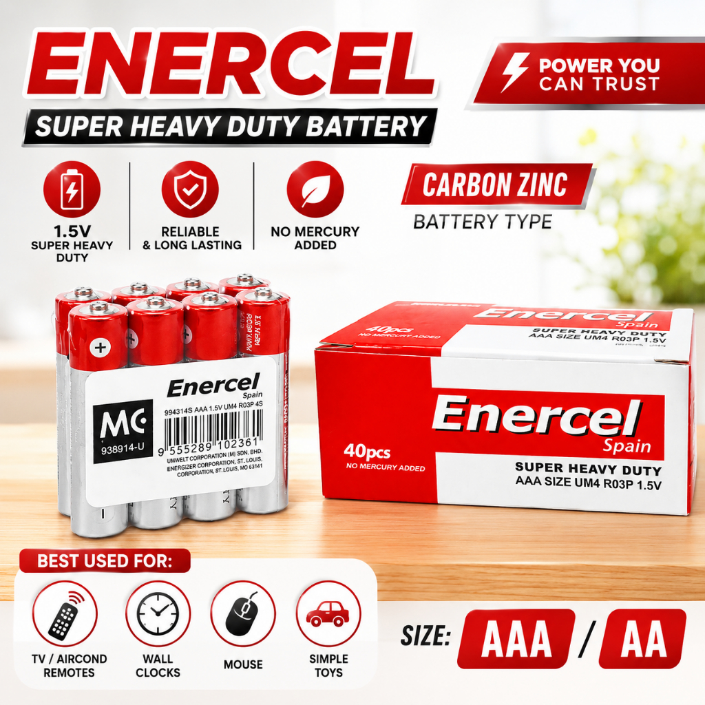 ENERCEL Battery AA / AAA Bateri 2029 Expiry Carbon Zinc 1.5V Heavy Duty ...