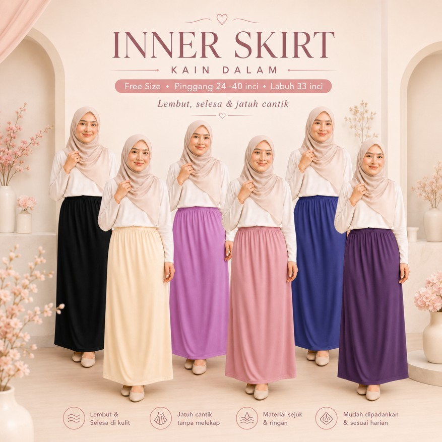 Kain Dalam Inner Skirt Muslimah Free Size | 30+ Warna | Skirt Labuh ...