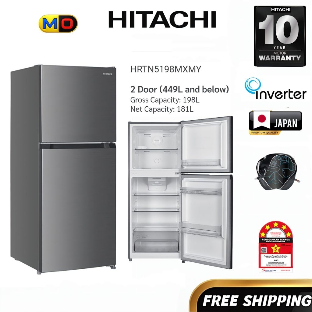 Hitachi 198L INVERTOR Twin Door Refrigerator 2 Door Top Mount Freezer ...