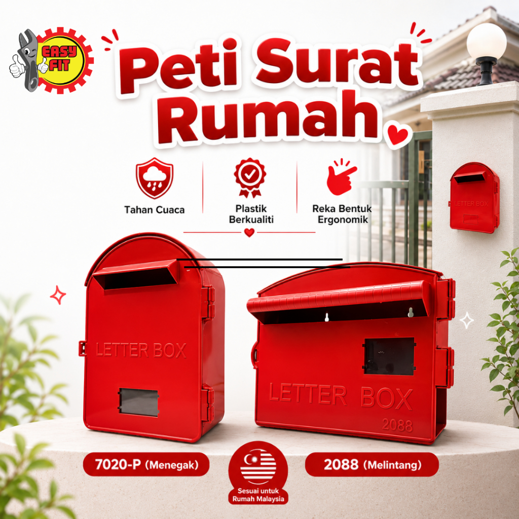 EASY FIT Red PVC Post Letter Box Plastic Mail Box Peti Surat Plastik ...