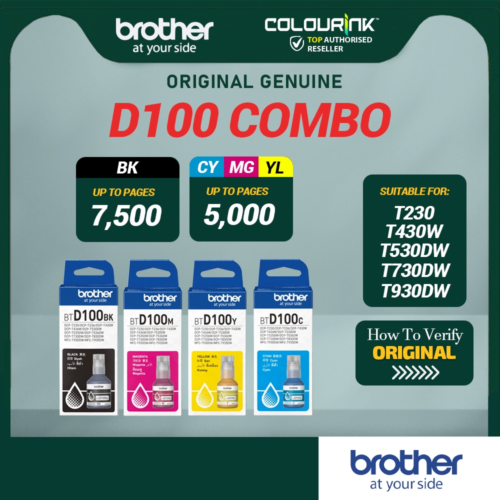 Brother Original D100 Black Cyan Magenta Yellow Refill Ink Bottle for ...