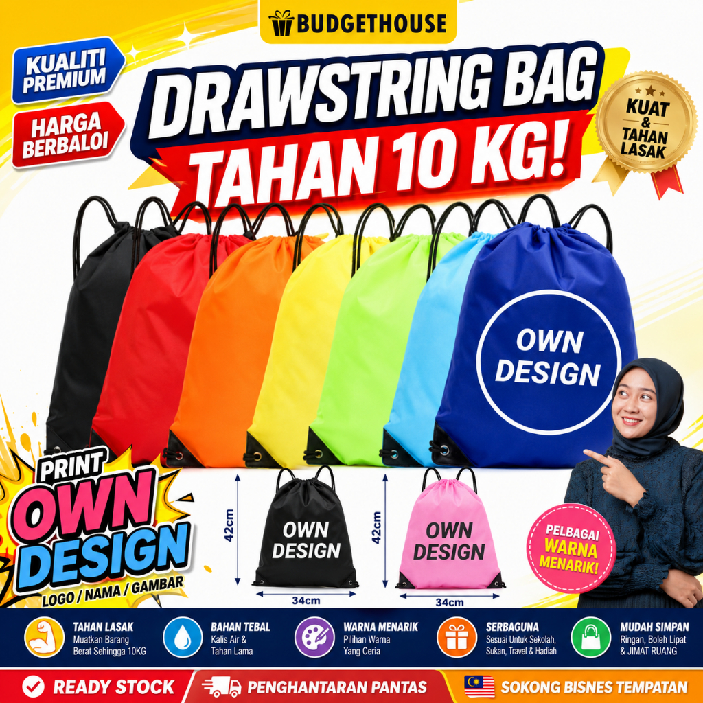 Drawstring Bag Custom + Print Colour Logo / Wording / Picture / QR ...