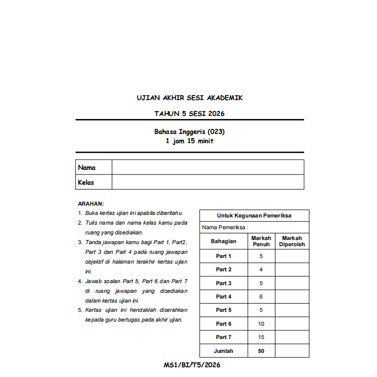2026 UASA English Year 5 Final Exam Paper with Answers (PDF Download ...