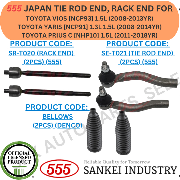 555 GENUINE JAPAN TIE ROD END, RACK END, BELLOWS FOR TOYOTA VIOS [NCP93 ...