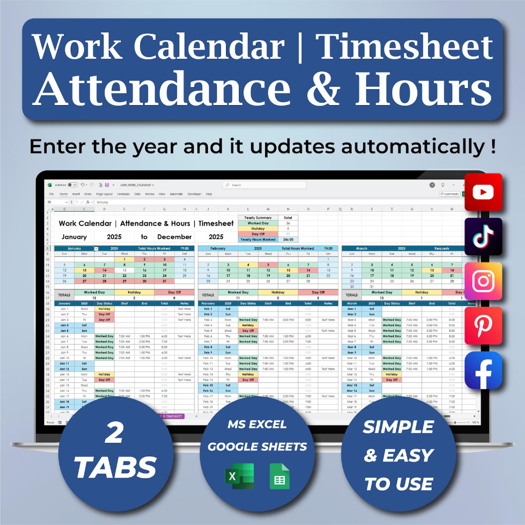 Work Calendar Spreadsheet Excel Google Sheets Template Attendance ...