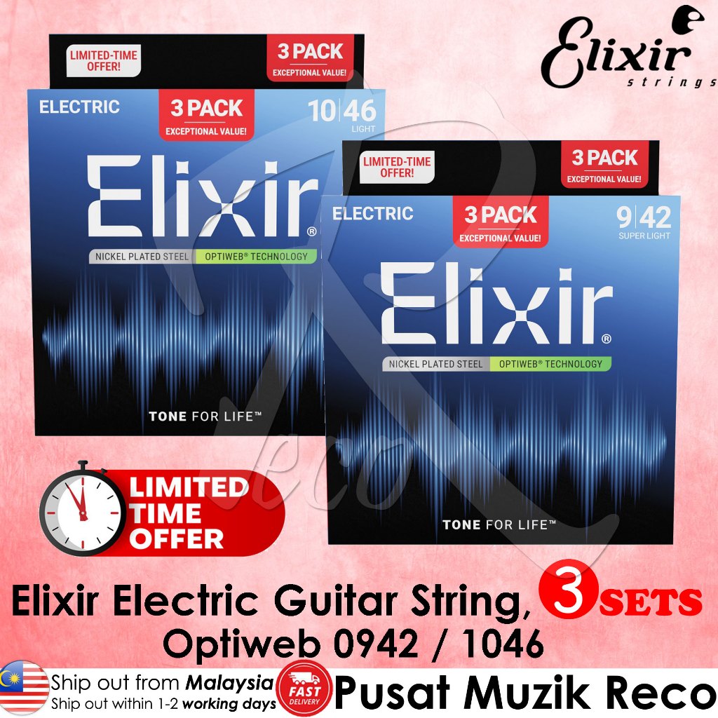 Elixir 3 Pack Optiweb Coated Electric Guitar String SET 0942 1046 Light ...