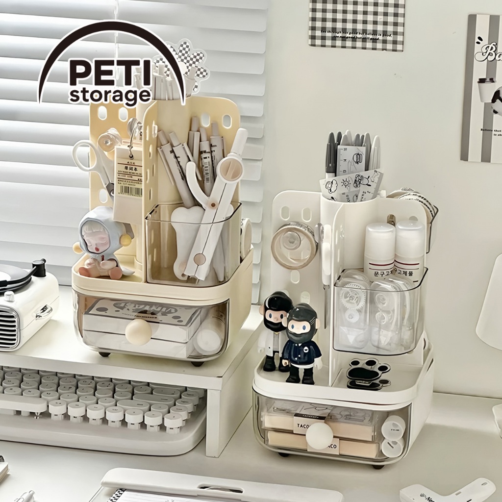 Petistorage Rotating Desktop Organizer with Drawer, Pegboard Divider ...