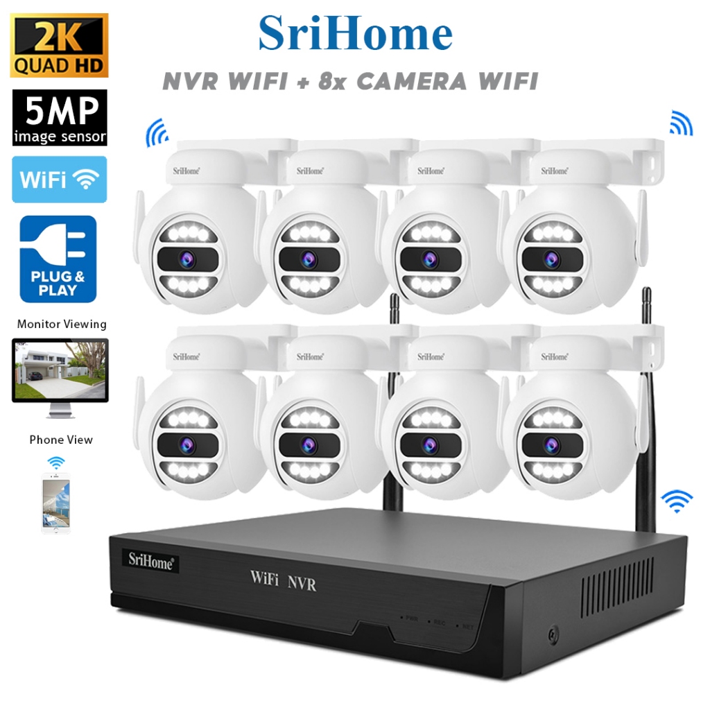 (5MP) SriHome NVR WiFi 8CH CCTV System + 8x Camera 2K PTZ – Color Night ...