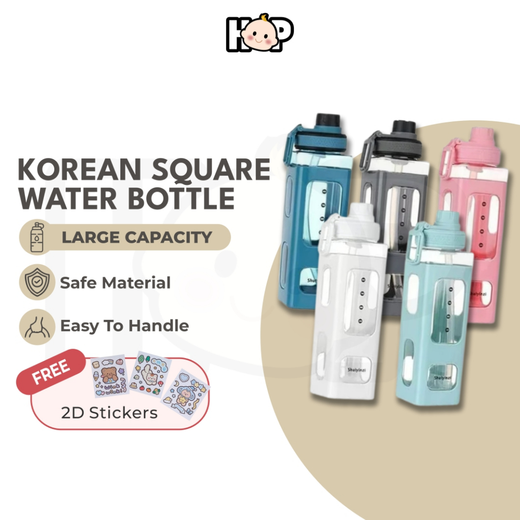 [Free 2D Sticker] Korean Square Water Bottle (900ml) with Straw School ...