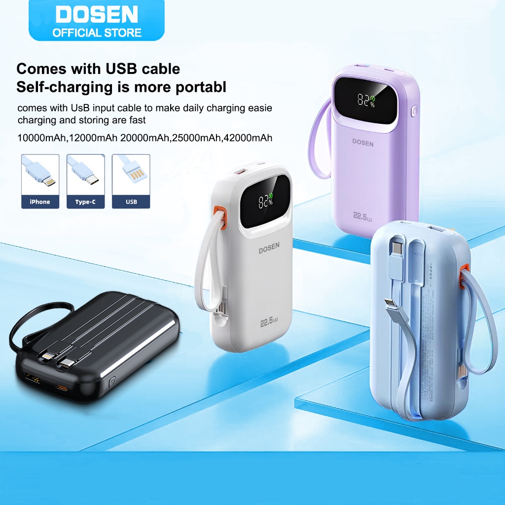 [3C Certification]Dosen Original Powerbank fast charging 10000mAh-42000mAh Y342 PD 22.5W Portable Comes with three wires
