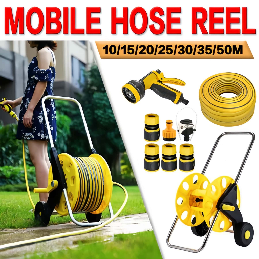 10-50M Heavy Duty Hose Reel Set Trolley type Water Pipe Holder ...