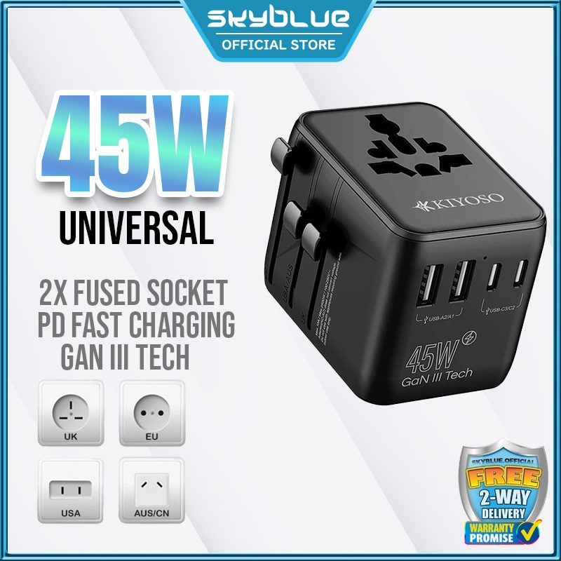 KIYOSO 45W Travel Plug International Universal Adapter 2500W 3 Type-C ...
