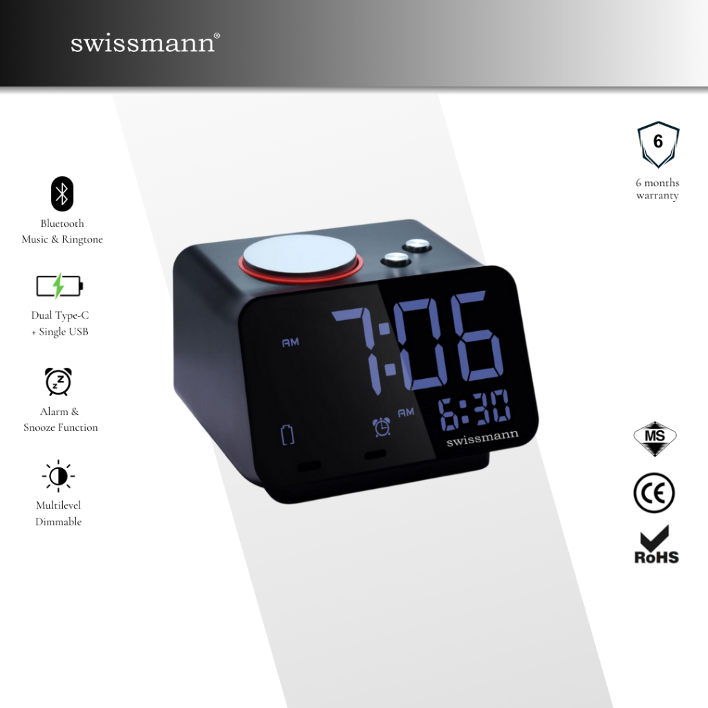 Swissmann Hotel Alarm Clock with Bluetooth Speaker & Dual Type C ...