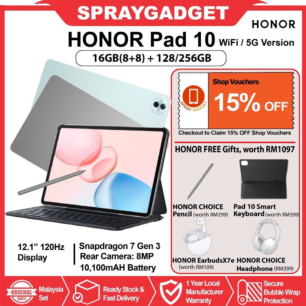 [PROMO] HONOR Pad 10 5G / WiFi  -16GB(8+8)RAM + 256GB ROM l 12.1" 2.5K Eye Comfort l 10,100mAh Battery 🎁HONOR Malaysia
