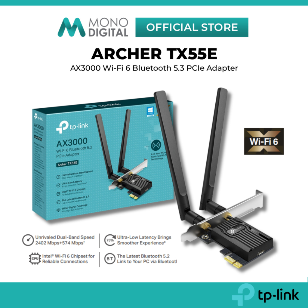 TP-LINK ARCHER TX55E AX3000 WI-FI 6 BLUETOOTH 5.3 PCIE ADAPTER WITH TWO ...