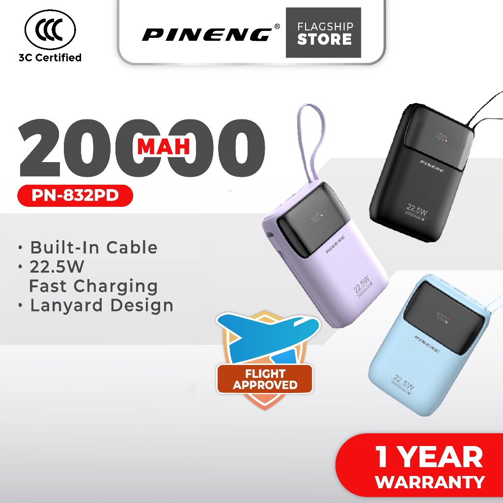 [3C Certified] Pineng PN-832PD 22.5W Fast Charge Powerbank Built-in Cable 20000/10000mAh PN832/PN710 Pineng Powerbank