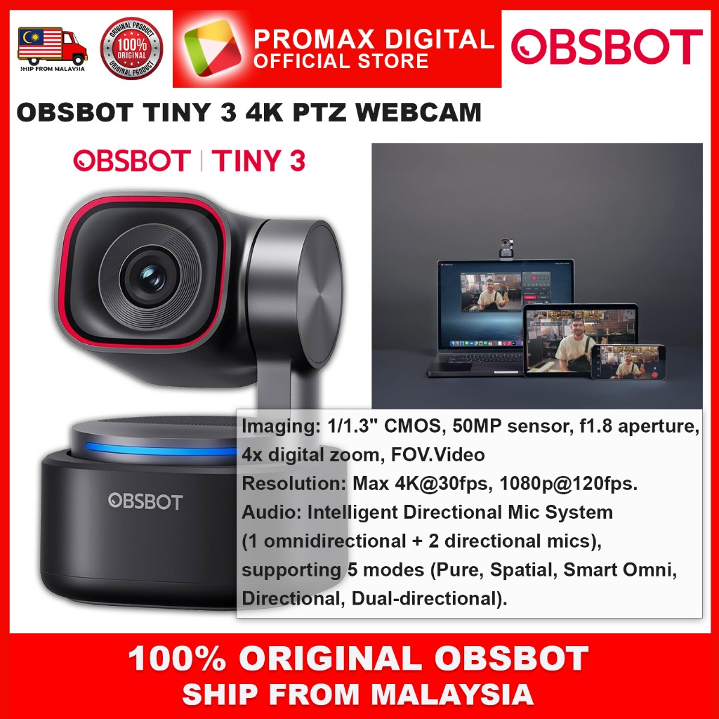 OBSBOT TINY 3 TINY 3 LITE AI POWERED SPATIAL AUDIO 4K PTZ WEBCAM SMART ...