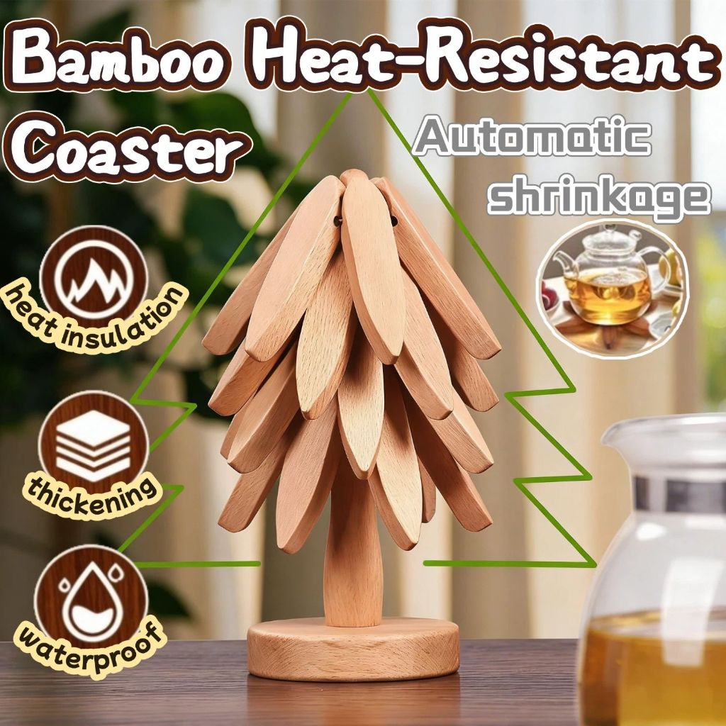 Christmas Tree Coaster Set 5pcs Bamboo Heat Resistant Cup Coaster Anti ...