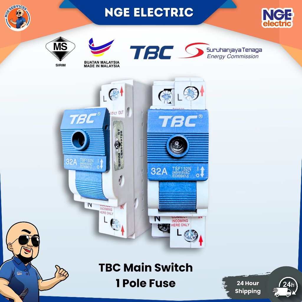 TBC 32A 1P+N Switch Fuse Main Switch 1 Pole Neutral Suis Utama Fius DB ...