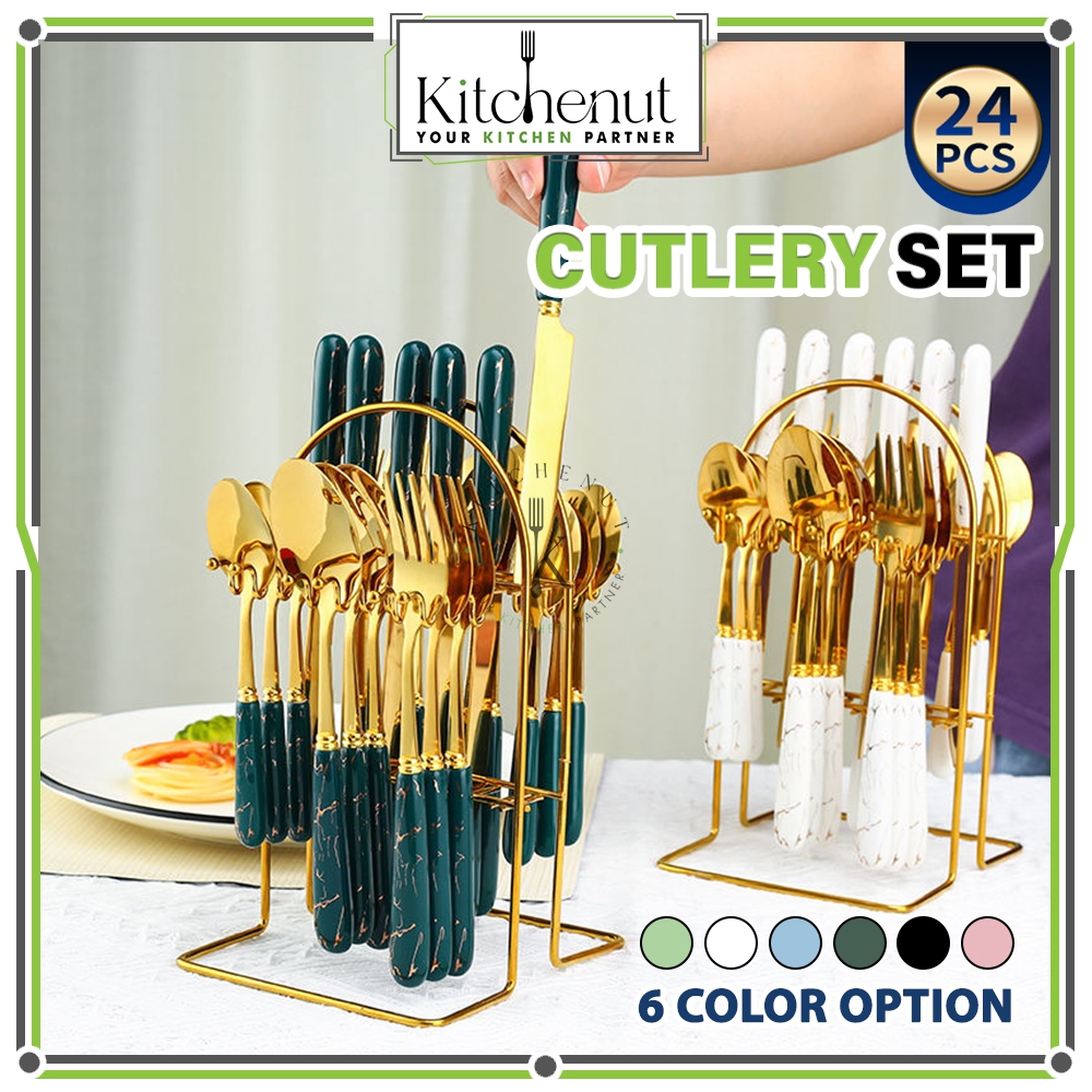 [1SET | 24PCS] Kitchenut Stainless Steel Cutlery Set Kutleri Meja Makan ...