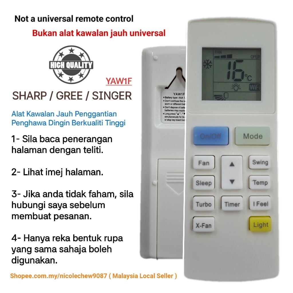 Sharp/Singer/Gree Air cond Air conditioner Replacement Remote Control ...