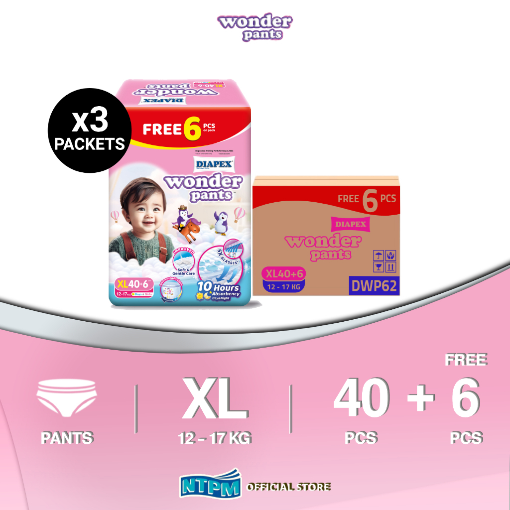 (DWP62) Diapex Wonder Pants Super Jumbo XL (40's + 6's) x 3 Packets ...