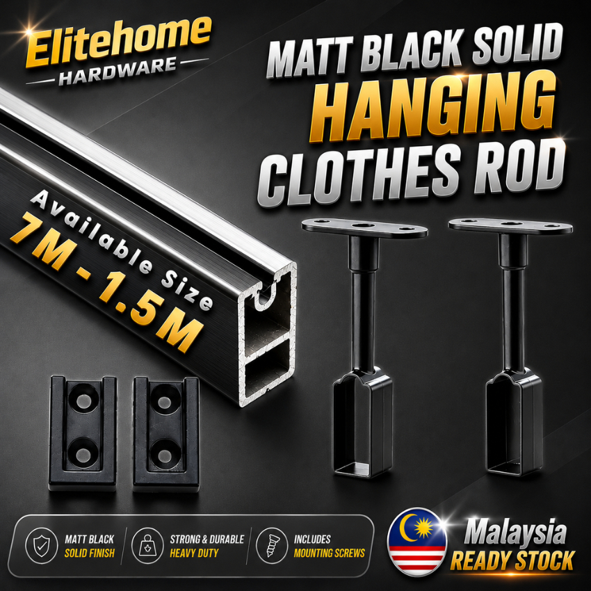 EliteHome (1M/1.45M)Matt Black Rectangular Solid Hanging Clothes Rod ...