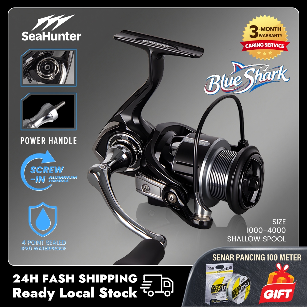 SeaHunter Blue Shark Spinning Fishing Reel Power Screw-in Handle 4+1BB  5.2:1 Drag 8KG CNC Aluminium Spool Reel Pancing | Shopee Malaysia