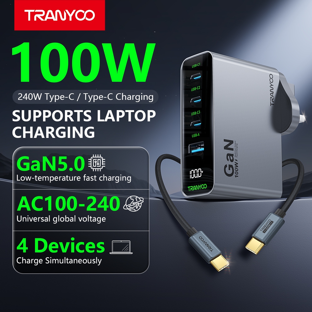 TRANYOO RCE-10002 pengecas GaN 100W dengan 4 port output,sesuai untuk ...
