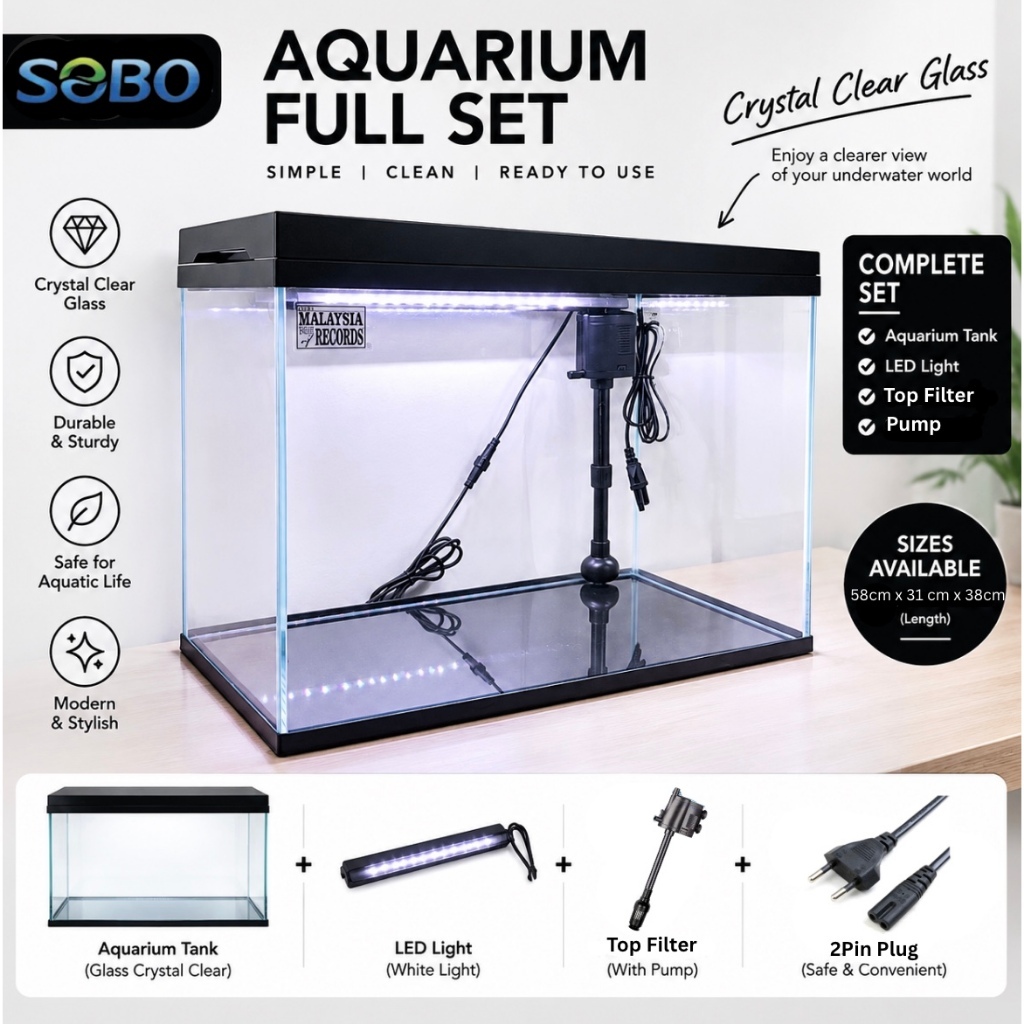 2Feet Aquarium Set Crystal Clear Glass Fish Aquarium 55L with Filter ...