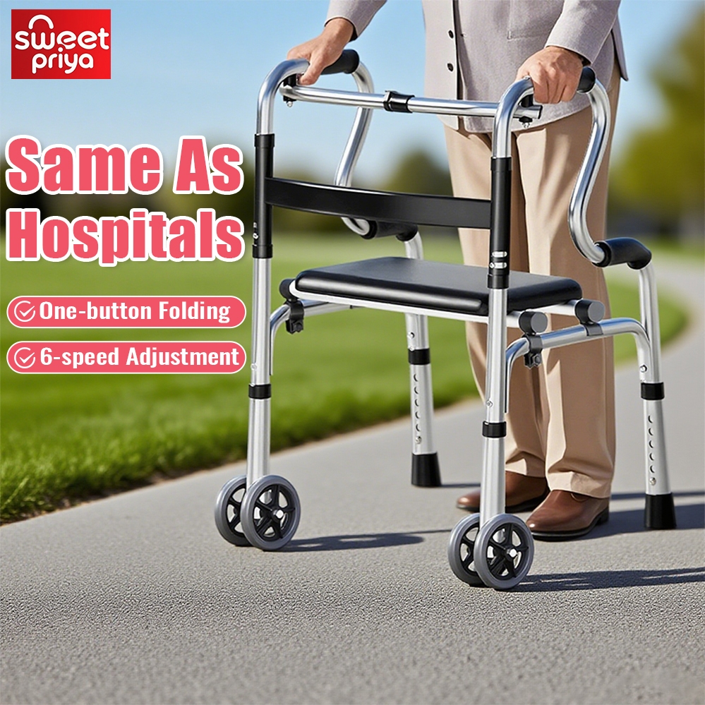 Outdoor Walking Frame With Seat Folding Crutch Stick Adjustable Elderly ...