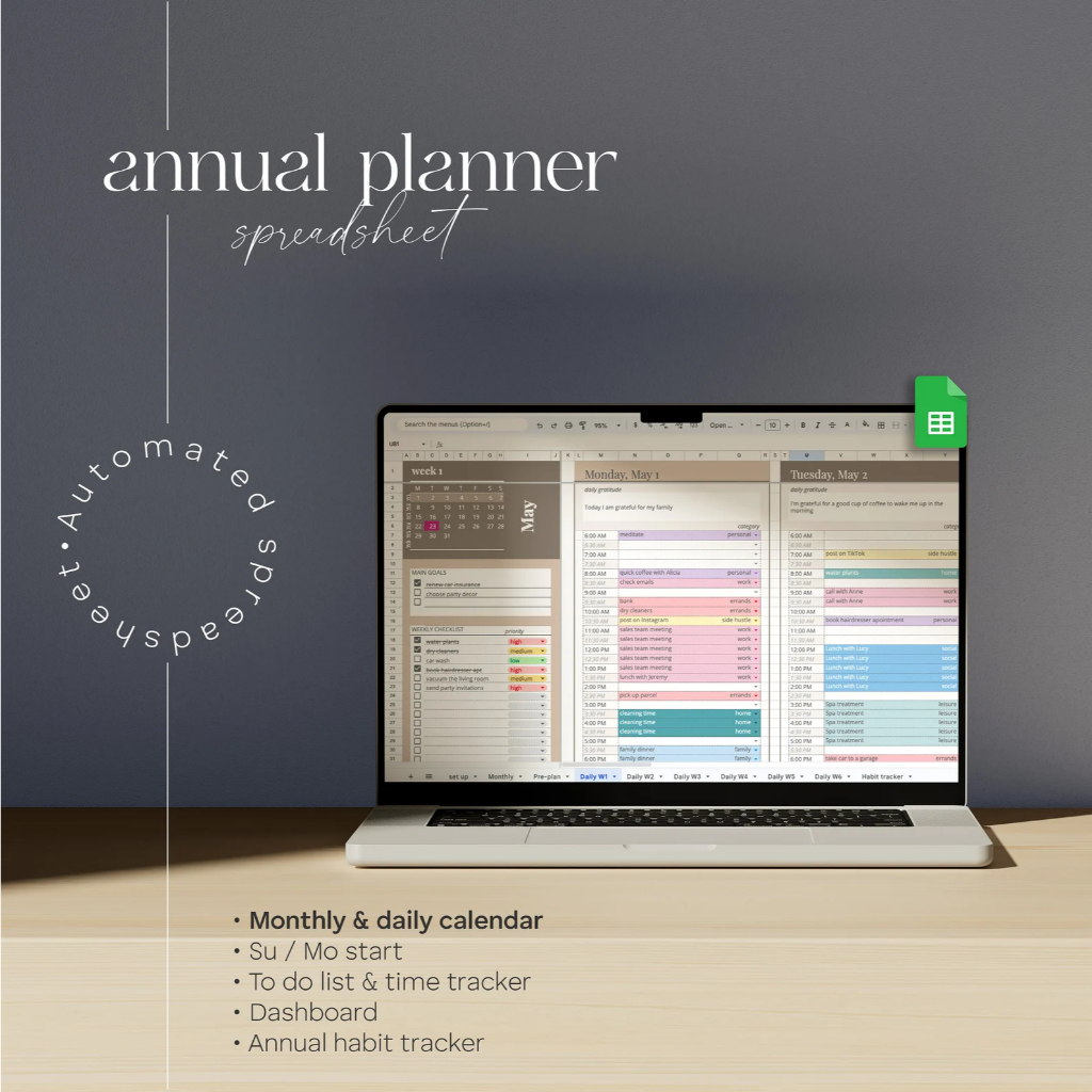 Digital Annual Spreadsheet Planner Daily To Do List Google Sheets ...