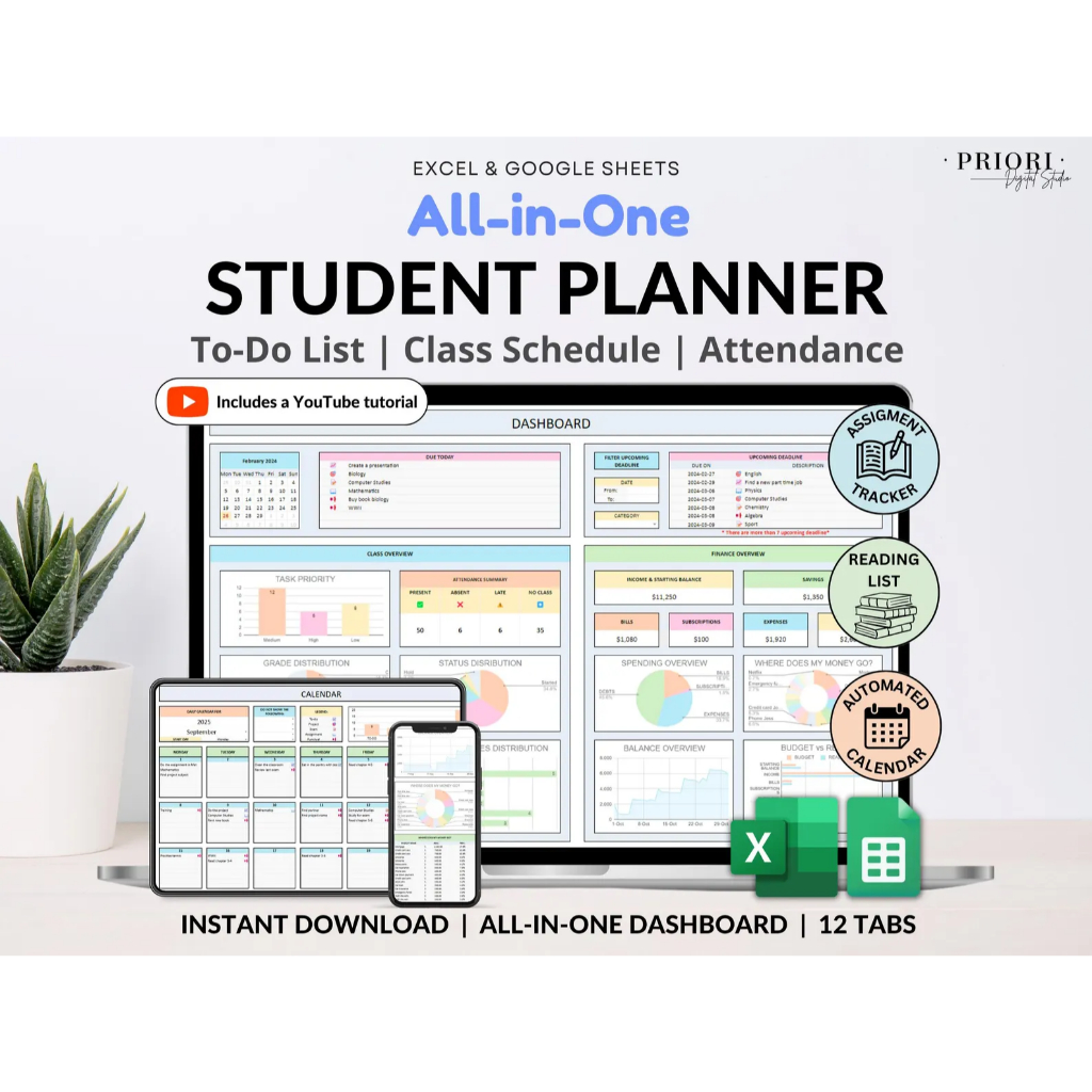 Student Planner Excel Google Sheets Assignment Tracker Academic Planner ...