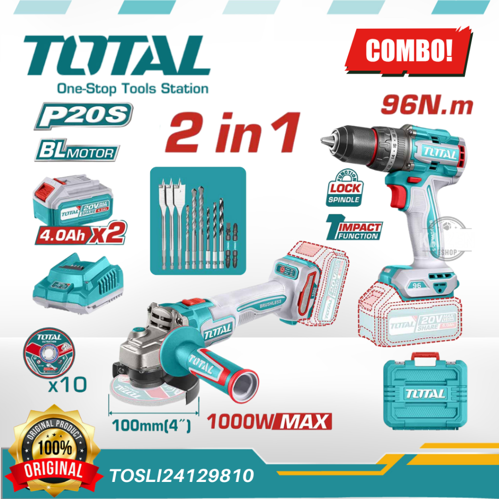 TOTAL TOSLI24129810 P20S 20V Li-ion 2 Pcs Combo Kit ( Impact Drill ...