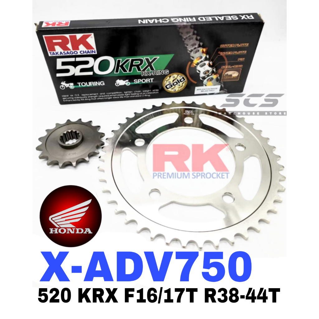 RK Sprocket Set Honda XADV750 520 X-Ring Black Gold Chain Rantai Hitam ...