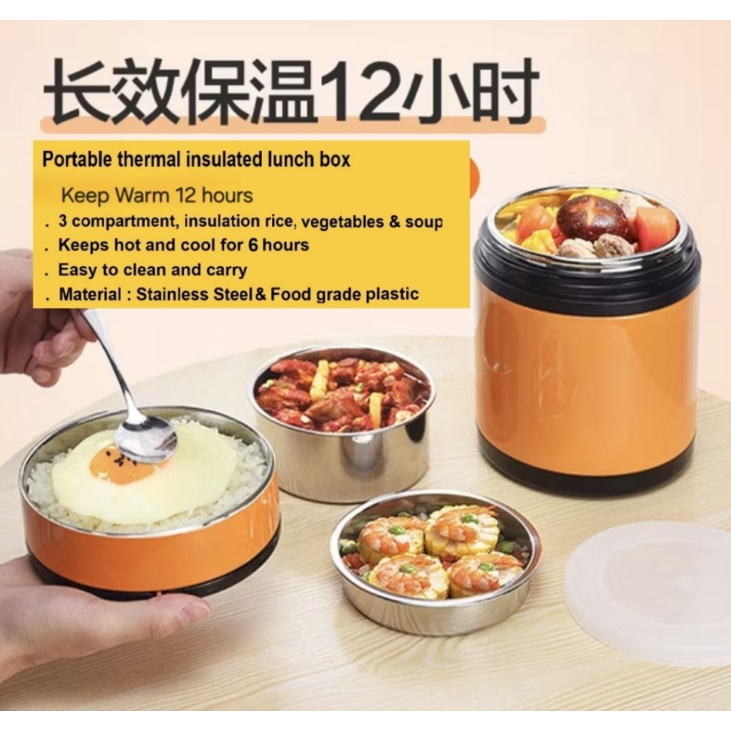 304 Stainless Steel 3 Tier Vacuum Flask Hot Food Thermos Keep Warm ...