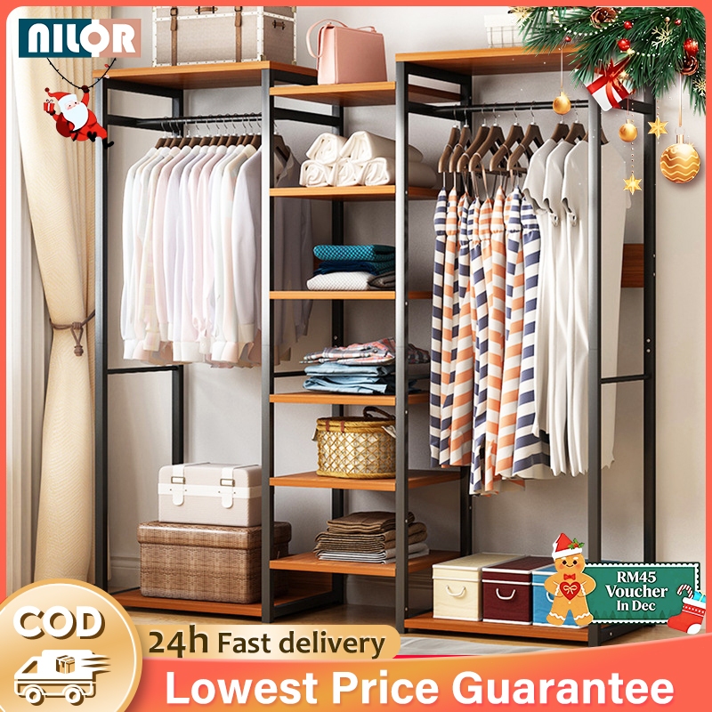 💖NR Cloth Cabinet Wardrobe Coat Rack Bedroom Clothes Hanging Floor ...